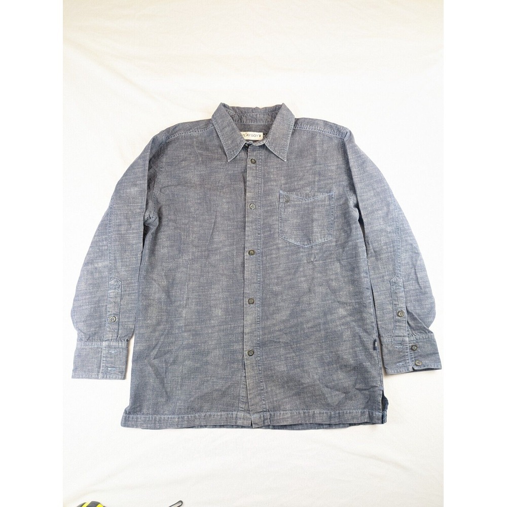 Playboy Men's Medium‎ Blue Denim Button Down Shirt Western Bunny Logo Casual
